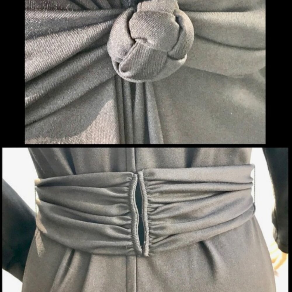 ▪️VTG▪️UNION MADE ▪️ILGWU▪️60’s 70’s Black Draped Knotted Belt Sateen Maxi Dress - Picture 4 of 8